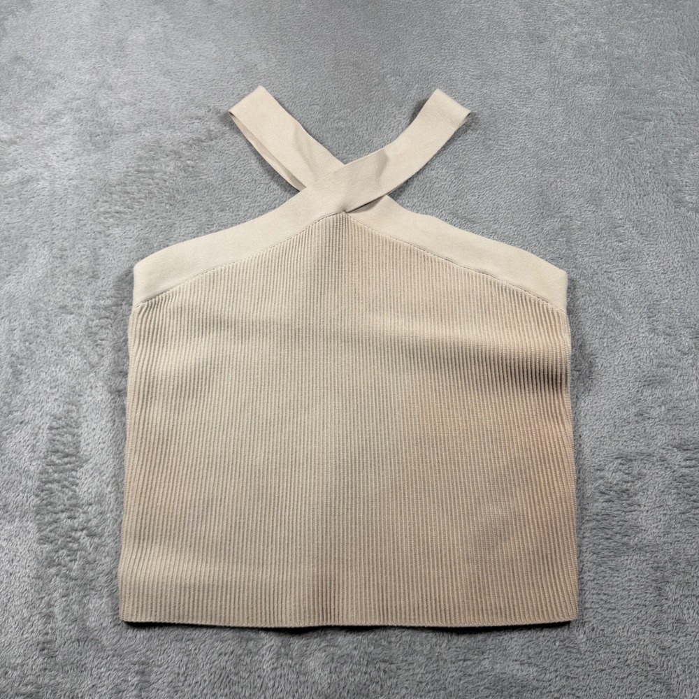 Babaton Sculpt Knit Criss Cross Tank Women 2XL Beige Ribbed Halter Top‎
